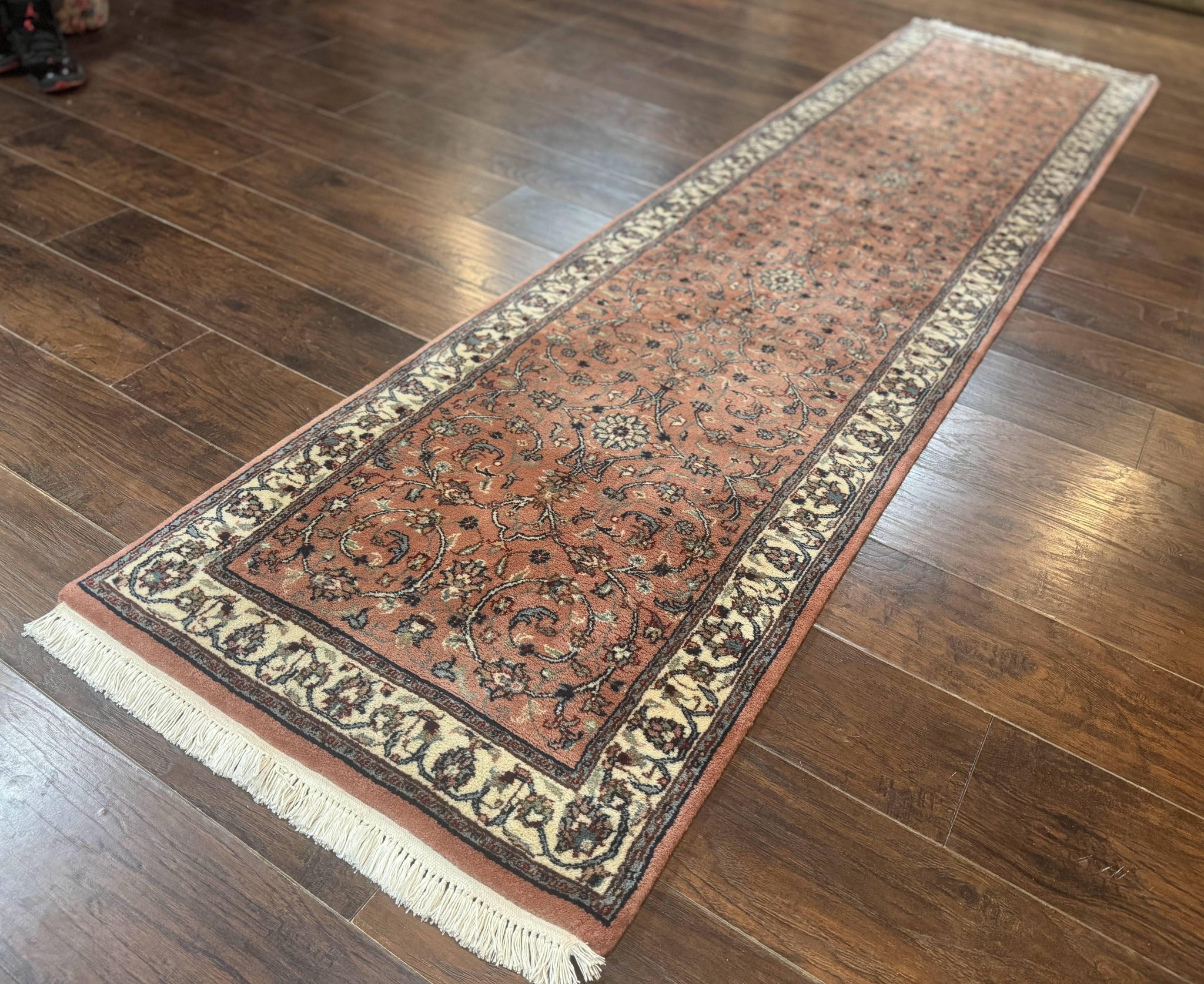 Indo Persian Runner Rug 2.6 x 10, Coral and Cream, Hand Knotted 10ft Wool Oriental Runner for Hallway or Kitchen by Jewel Rugs