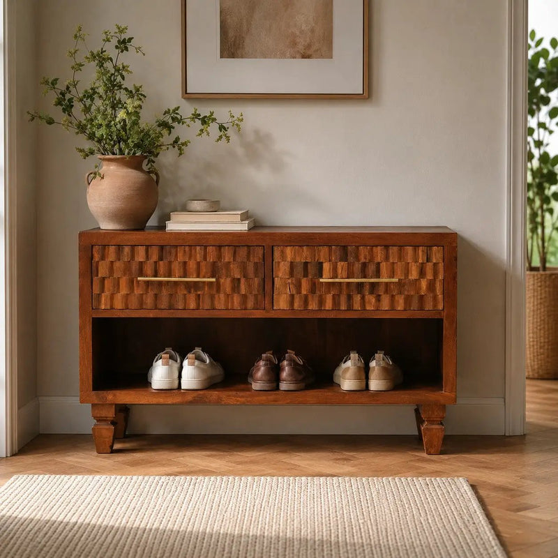Solid Wood Cadiz Carved Shoe Bench by HouseOfZazla