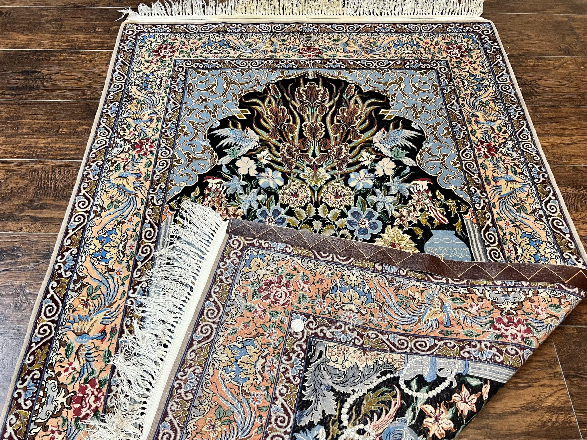 Wonderful Persian Isfahan Rug 3.7 x 5, Kork Wool on Silk Foundation, Very Fine 460 KPSI, Tree of Life Persian Vase Design Animal Pictorials Peacocks by Jewel Rugs