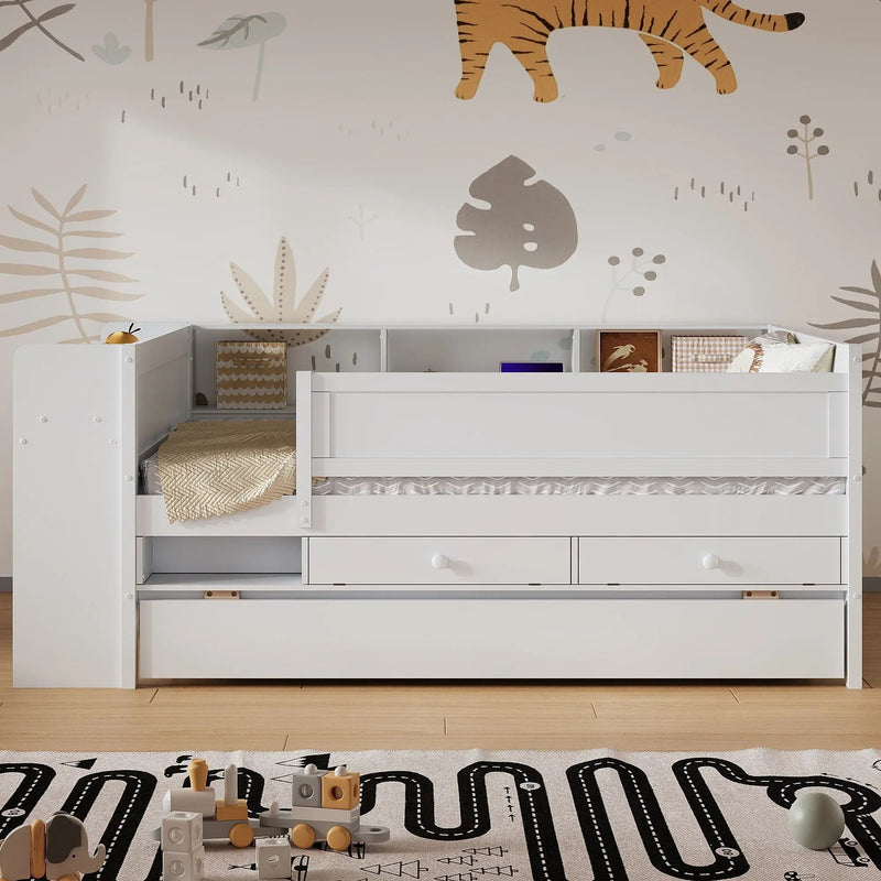 Twin Daybed With Drawers, Trundle, Headboard Storage, Study Desk, And USB Charging Station - White by Unique Piece Furniture