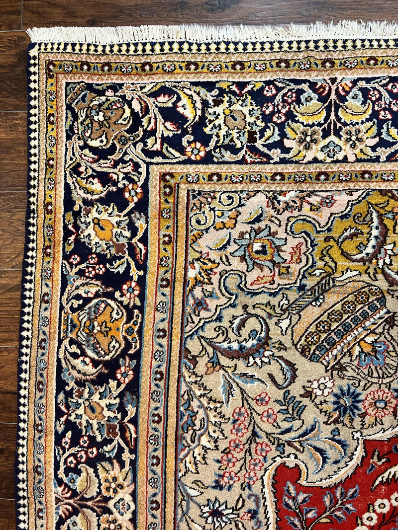 Wonderful Persian Qum Rug 10x14, Wool w/ Silk Highlights, Hand Knotted Semi Antique Vintage Carpet, Red, Floral, Fine Weave, Birds Deer Pictorials by Jewel Rugs