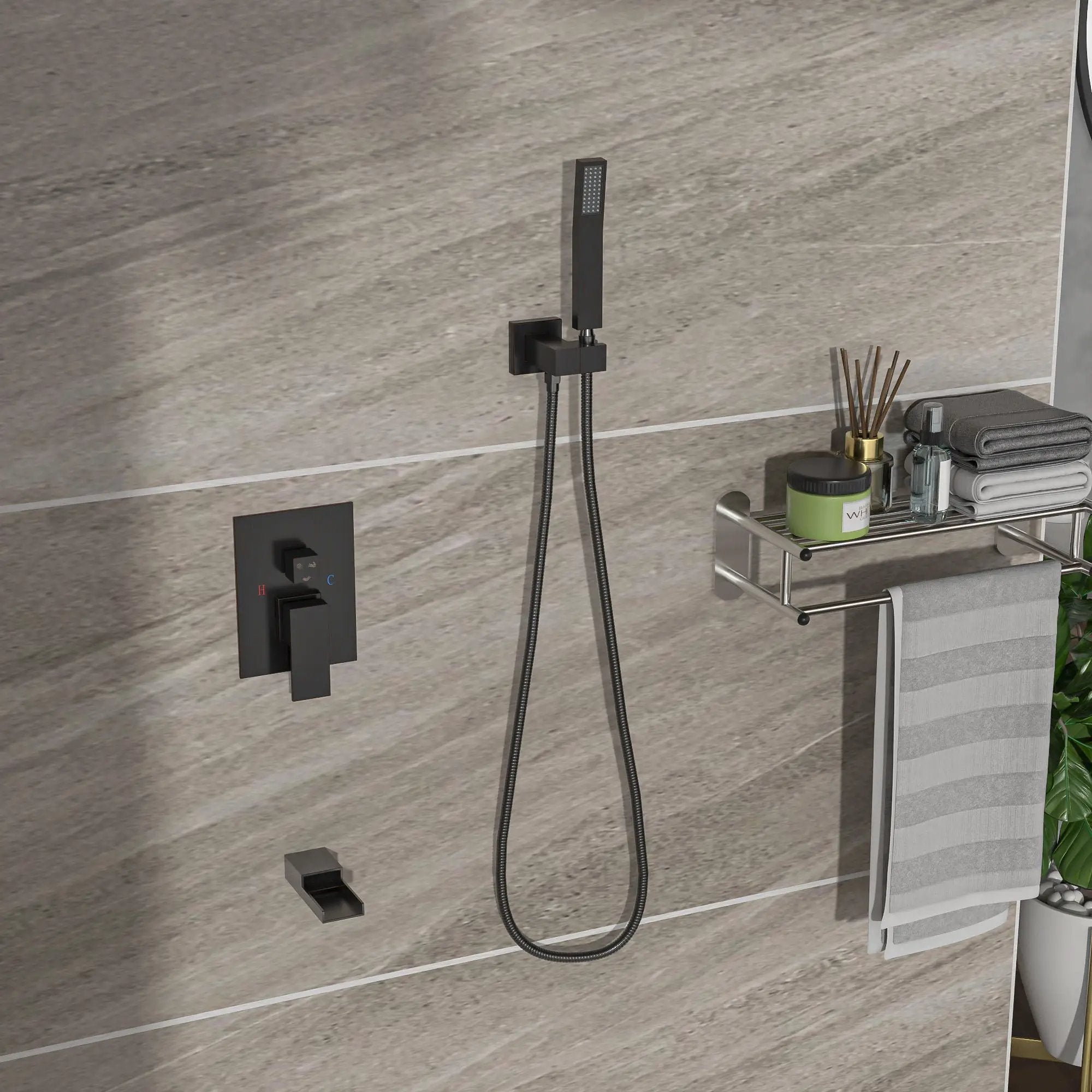 Shower System With Waterfall Tub Spout And 16" Ceiling Mount Square Rain Shower - Oil-Rubbed Bronze by HouseOfZazla