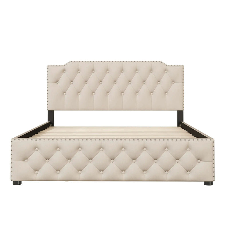 Upholstered Platform Bed With Trundle And 2 Sets Of USB Ports On Each Side, Fabric by Unique Piece Furniture