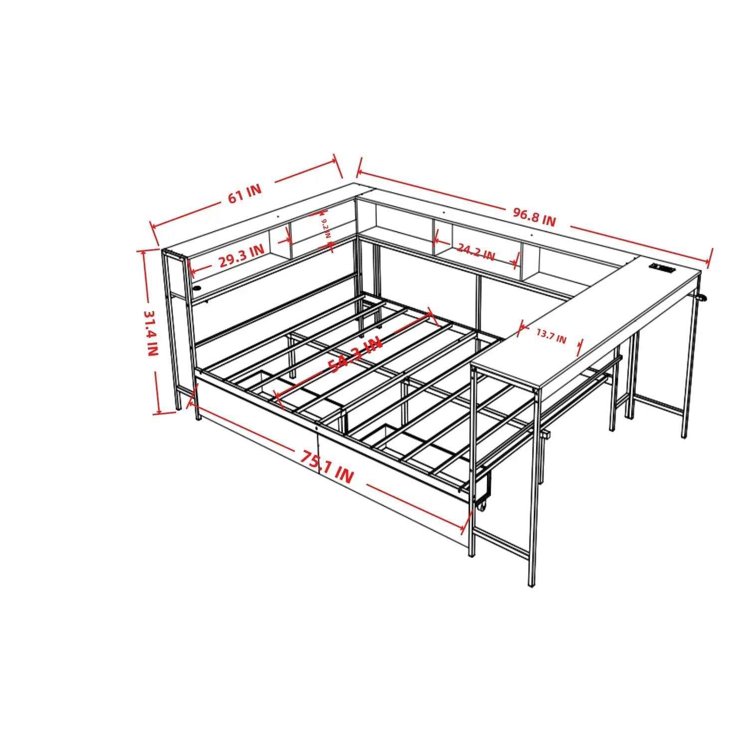 Corner Bed Frame Full Size with Bookcase and Storage Drawers by HouseOfZazla