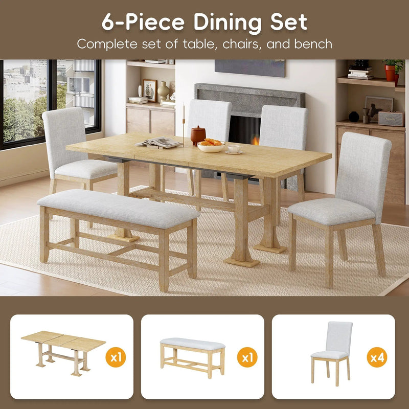 Artisanal 6-Piece Extendable Solid Wood Dining Set with Bench Seating by HouseOfZazla