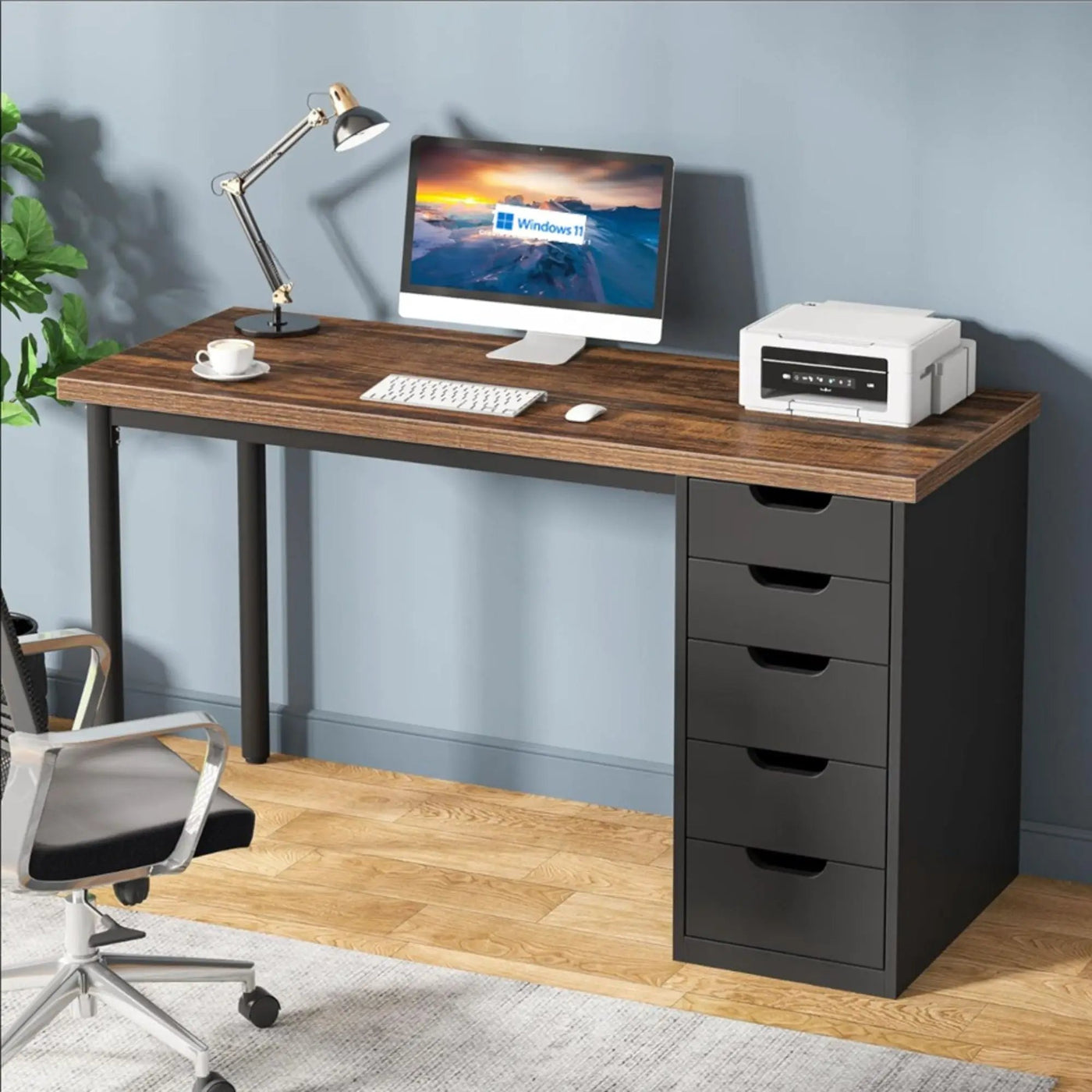 Computer Desk With 5 Drawers, Reversible Cabinet Design by HouseOfZazla
