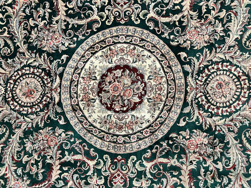 Pak Persian Rug 9x12, Dark Green and Cream, Floral Medallion, Elegant Handmade Wool Carpet 9 x 12 by Jewel Rugs