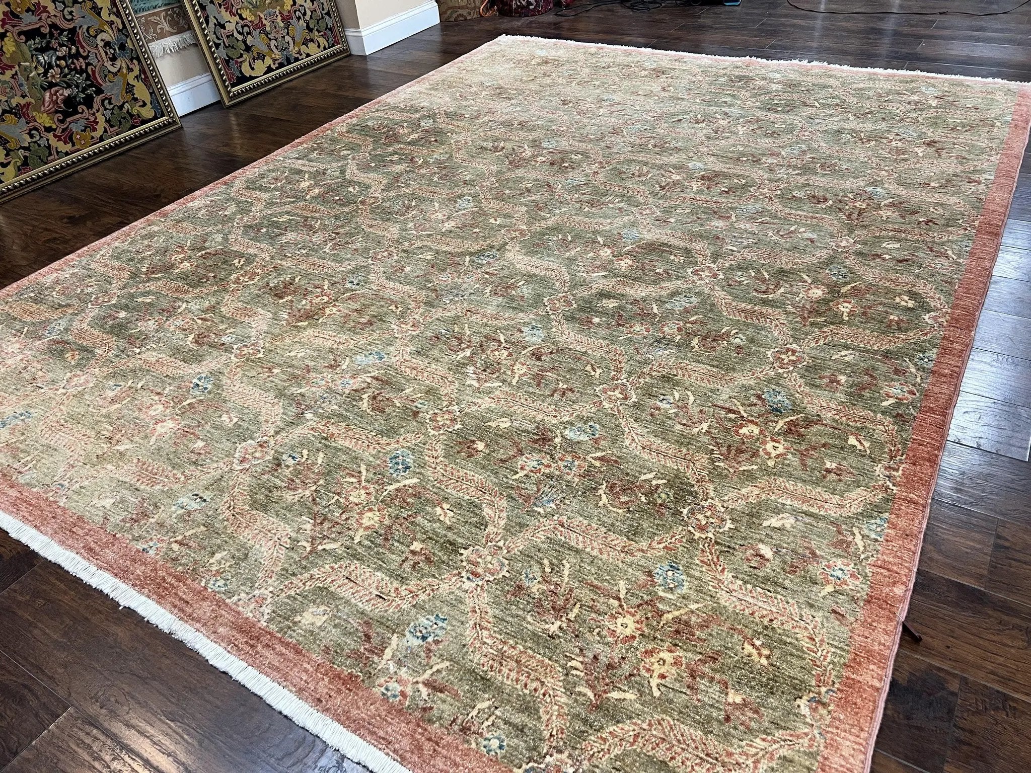Large Modern Pakistani Rug 9x12, Handmade Wool Carpet, Peshawar Rug, Hand Knotted Oriental Rug, Contemporary, Floral, Light Green by Jewel Rugs
