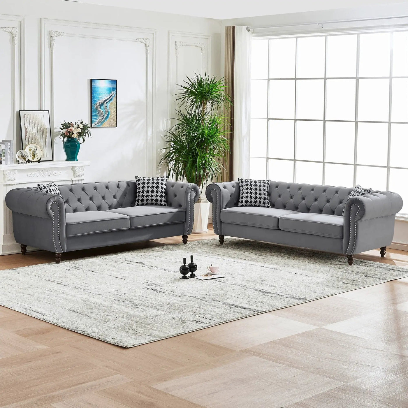 Chesterfield Upholstery Fabric Sofa With Roll Armrest & Nailhead, Mid Century Modern 3 And 3 Seater Couch by HouseOfZazla