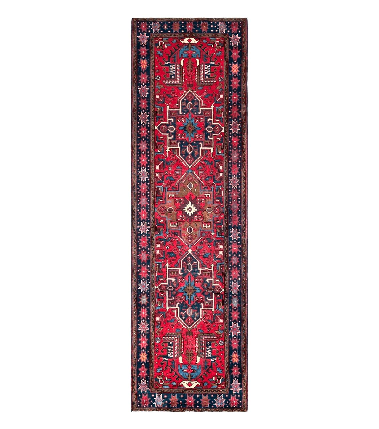 Persian Heriz Karajeh Runner Rug 3.7 x 12, Geometric Medallions, Red and Navy Blue by Jewel Rugs