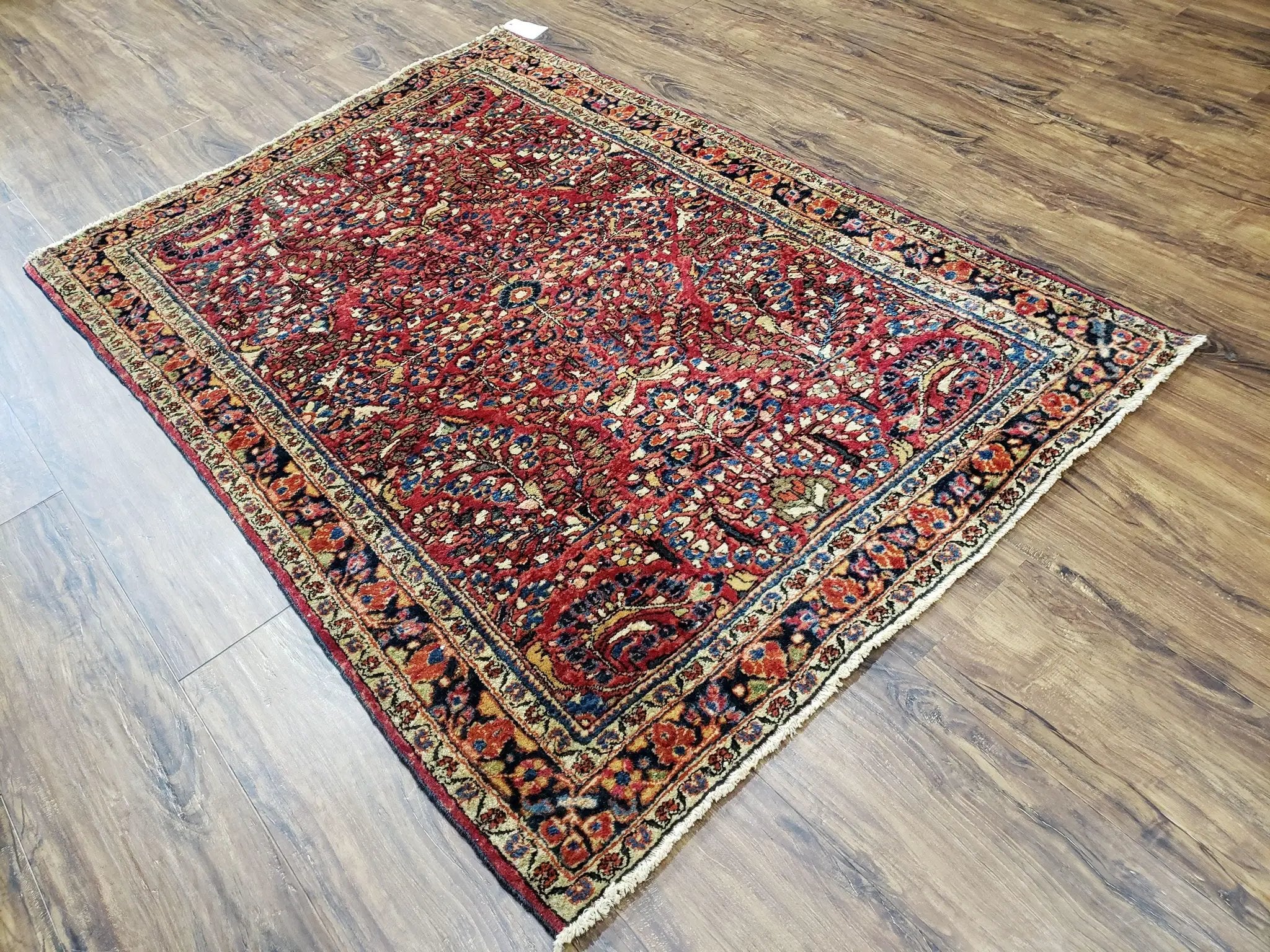 Antique Persian Sarouk Rug, Red, Allover Floral Pattern, Hand-Knotted, Wool, 3'4" x 4'10" by Jewel Rugs