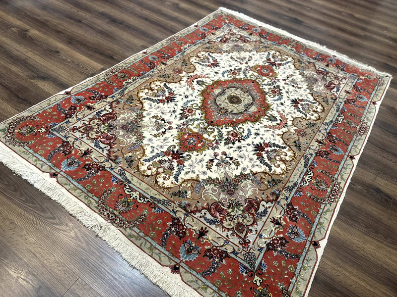 Wonderful Persian Tabriz Rug 5x7, Very Fine 440 KPSI, Ivory and Coral, Rare by Jewel Rugs