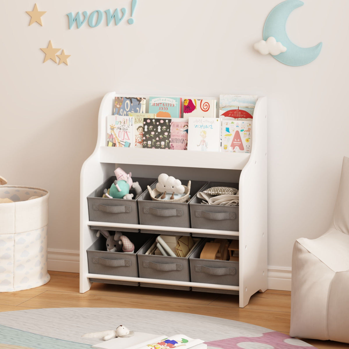 Children's Bookcase with 6 Storage Bins - Multi Functional Organizer - White, photo 4 of 4