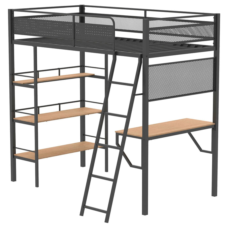 William - Twin Loft Bed 3 Shelf With Built In Desk - Matte Black