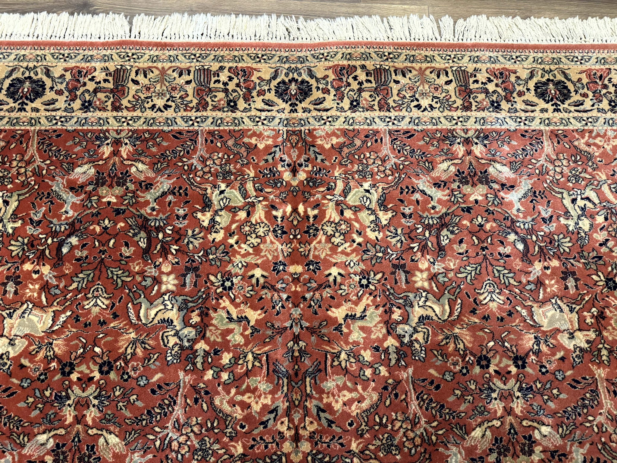 Persian Area Rug 8 x 11.6, Wool, Royal Hunting Scene, Vintage Couristan Rug, Red, Allover Pattern, Belgium Power Loomed by Jewel Rugs