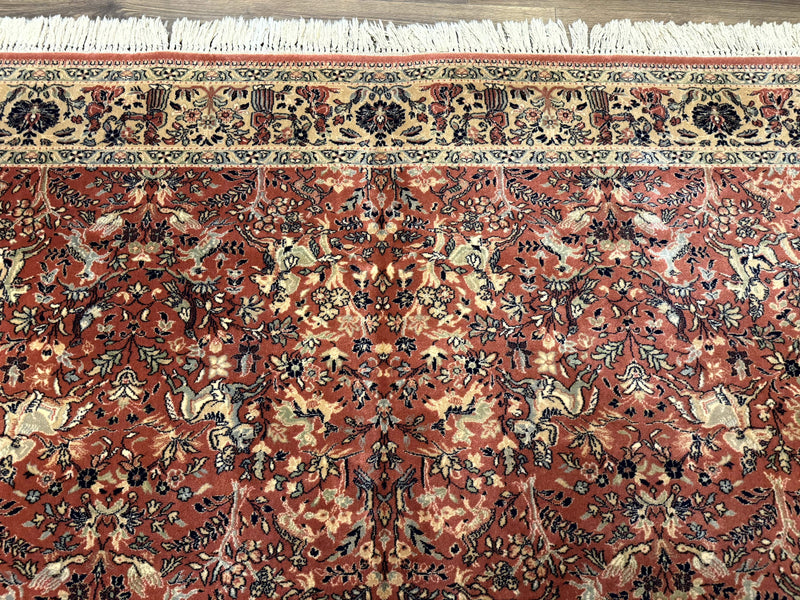Persian Area Rug 8 x 11.6, Wool, Royal Hunting Scene, Vintage Couristan Rug, Red, Allover Pattern, Belgium Power Loomed by Jewel Rugs