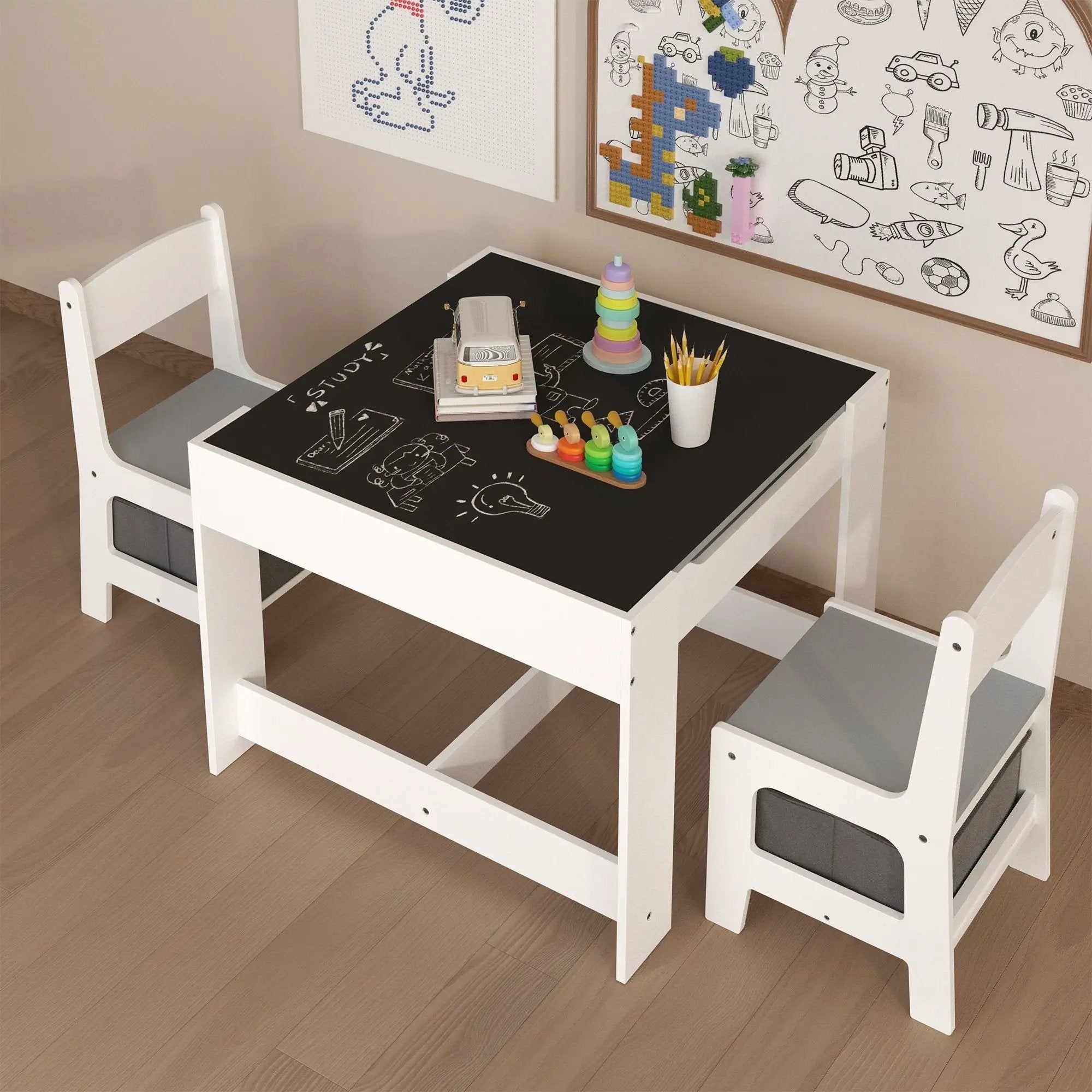 Kids Table And Chair Set, 3 In 1 Activity Table With Storage Drawer For Toddlers Drawing, Reading, Crafts, 2 In 1 Detachable Top - White by Unique Piece Furniture