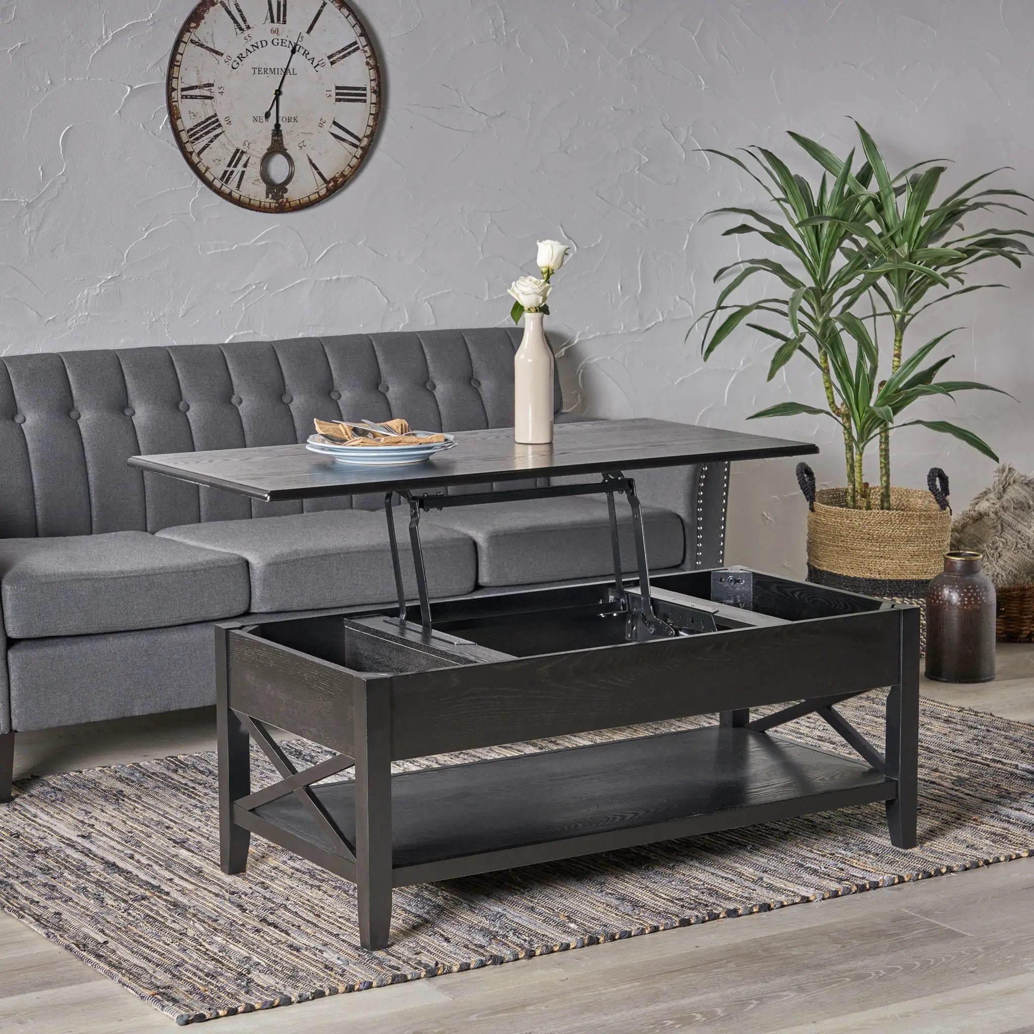 Decatur Farmhouse Lift Top Coffee Table With Storage - Black / Ash by HouseOfZazla