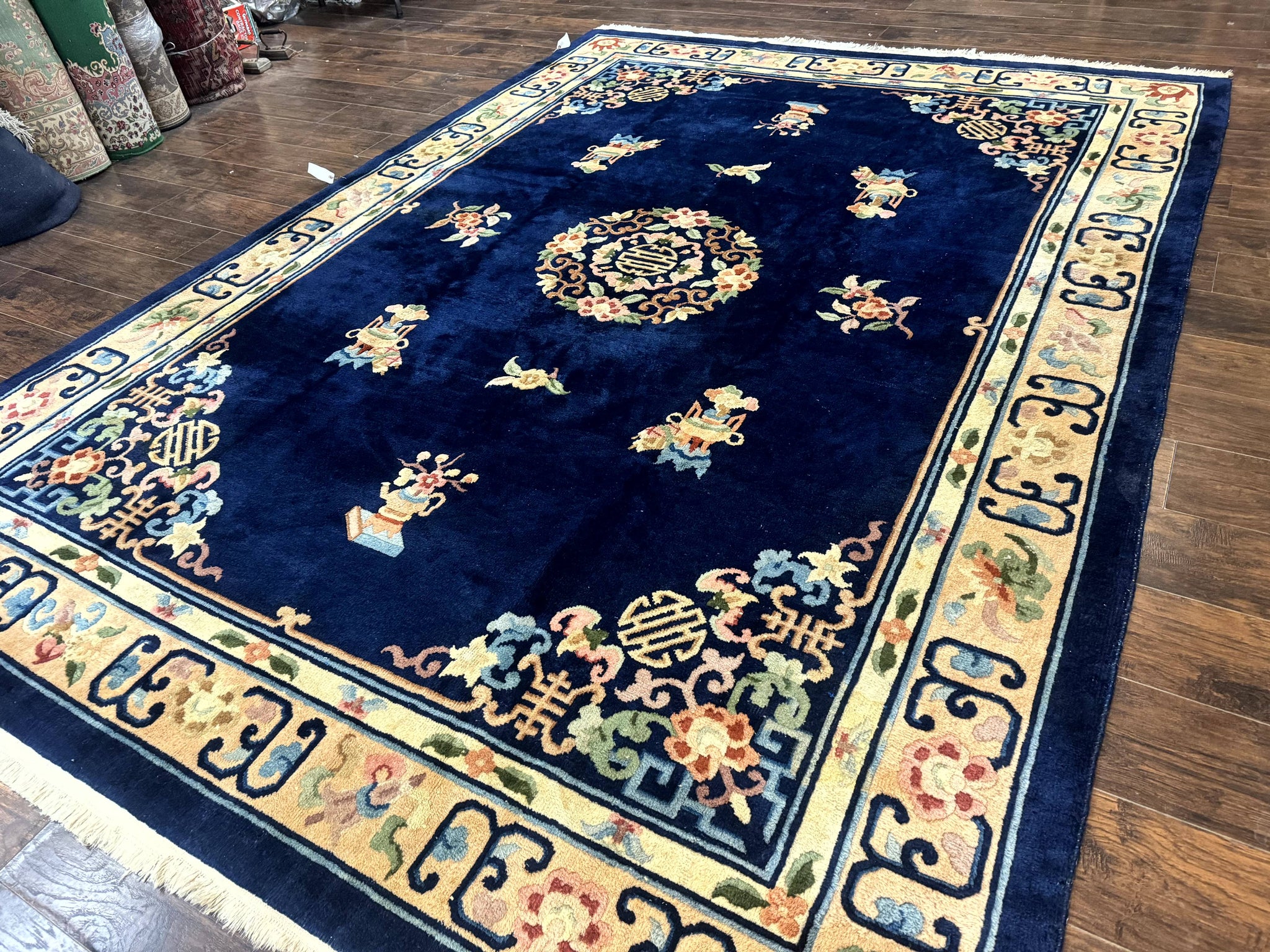 Chinese Wool Rug 8x11, Navy Blue and Beige, Simple Design, Fete Carpet by Jewel Rugs