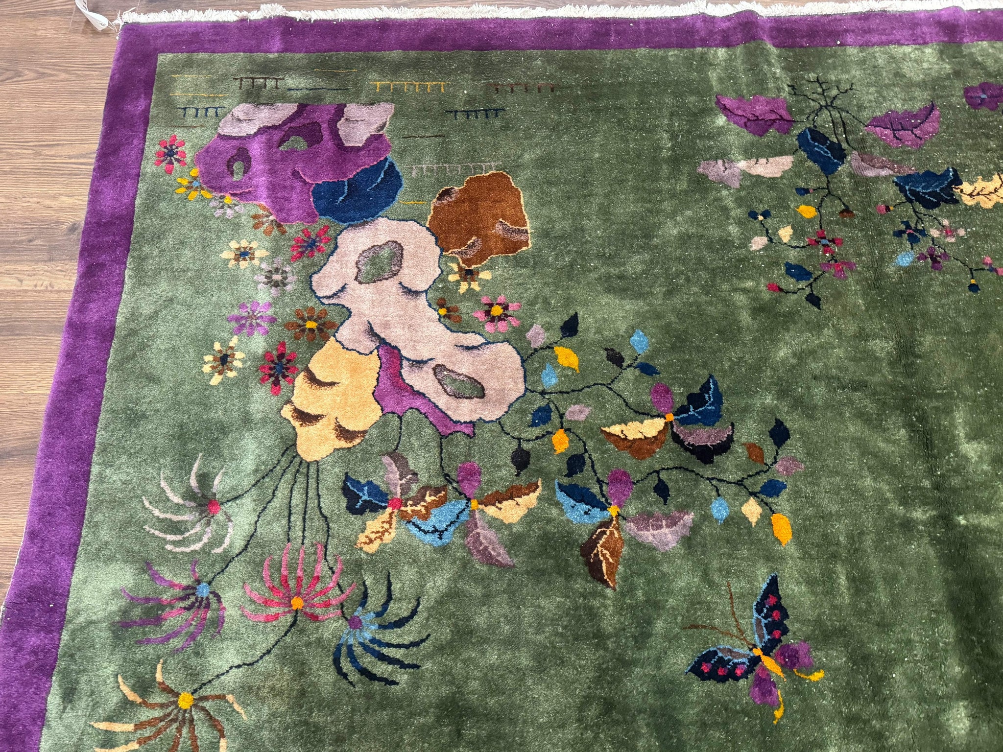 Antique Chinese Nichols Rug 9x12 - Rare Green and Purple Art Deco Carpet by Jewel Rugs
