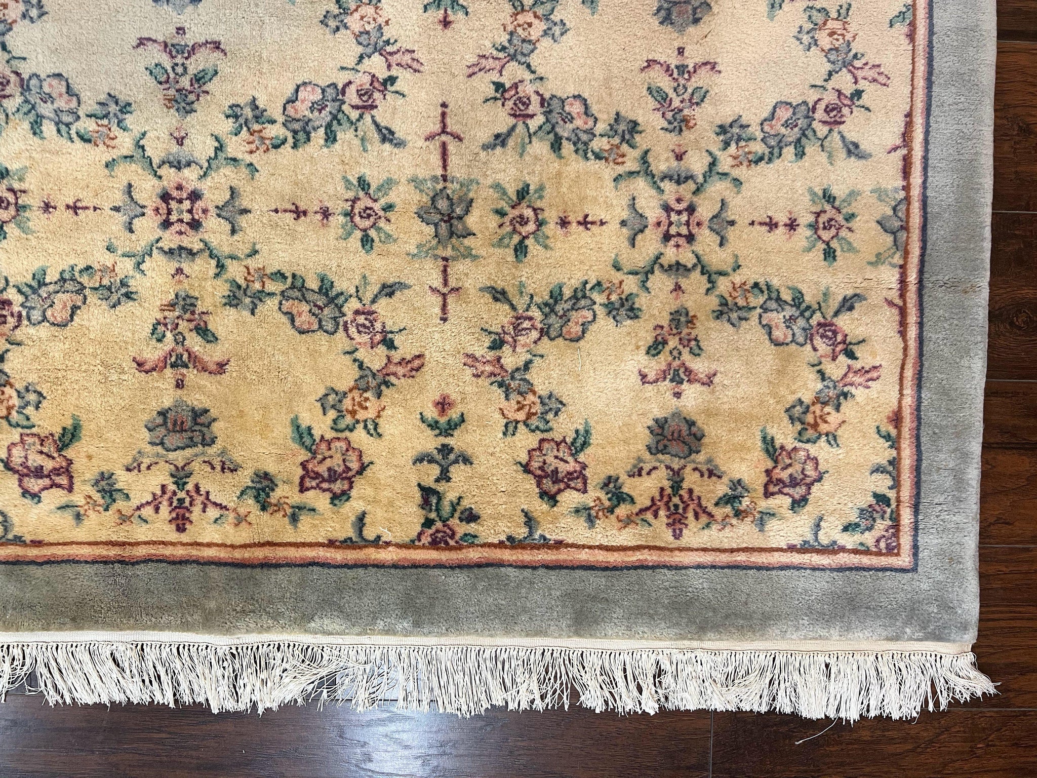 Sino Persian Rug 8x10, Floral, Oatmeal and Light Teal, Handmade Wool Vintage Carpet by Jewel Rugs