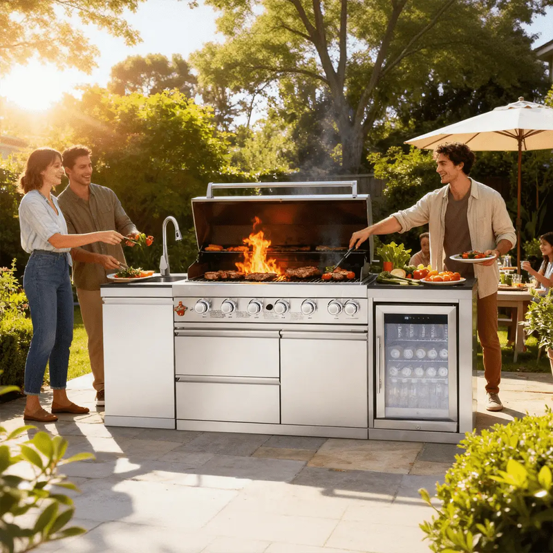82.5" 6-Burner 83,500 BTU Silver Outdoor Kitchen Island Grill +Sink + Refrigerator by Chery Industrial