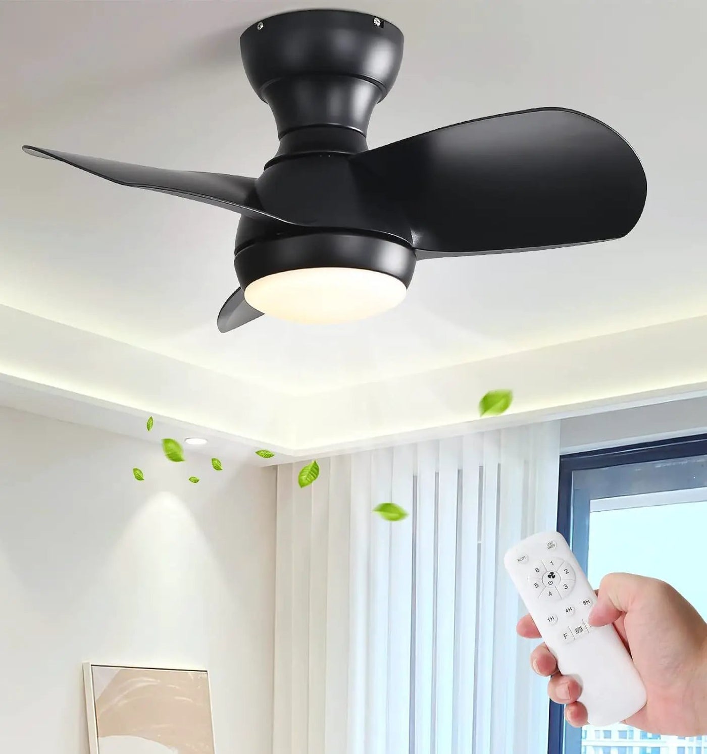 23" Bedroom Ceiling Fan With 3 Color Dimmable 3 ABS Blades Remote Control Dc Motor With 18W Led Light by Unique Piece Furniture