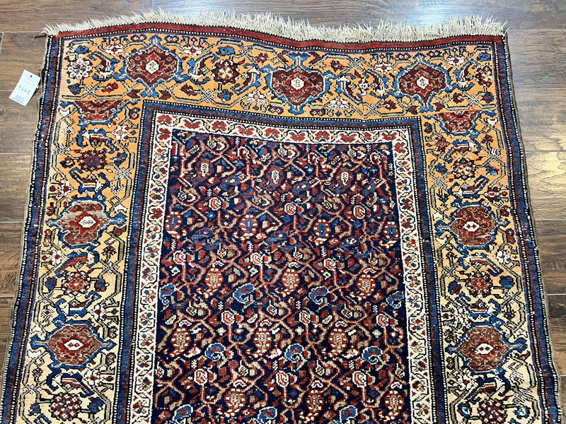 Persian Senneh Rug 4x8, Wool Hand Knotted Antique Kurdish Carpet, Navy Blue Oriental Area Rug, 4 x 8 Rug by Jewel Rugs
