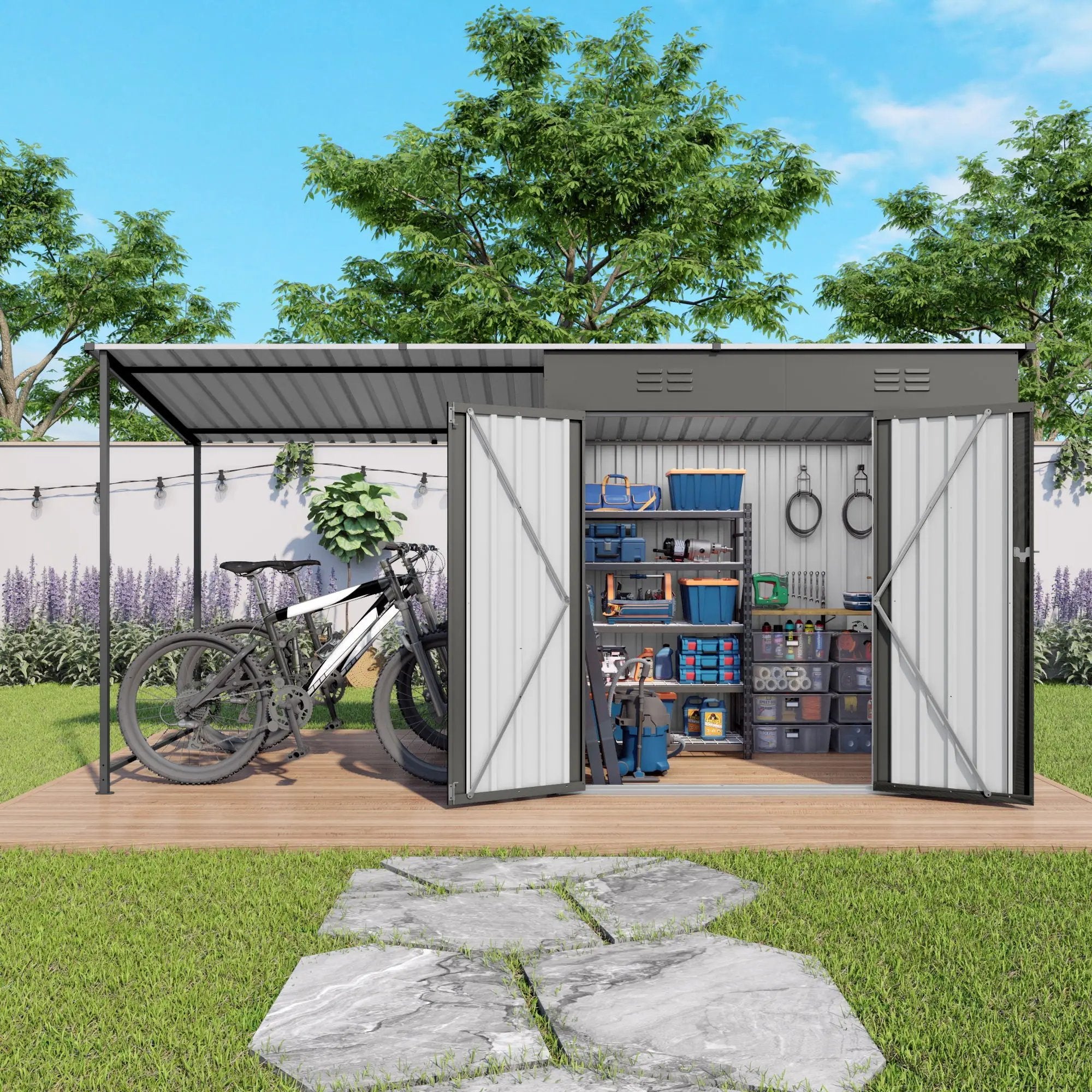 Lean To Shed With Open Sided Pergola, Outdoor Storage Shed & Attached Hardtop Gazebo Combo - Gray by HouseOfZazla
