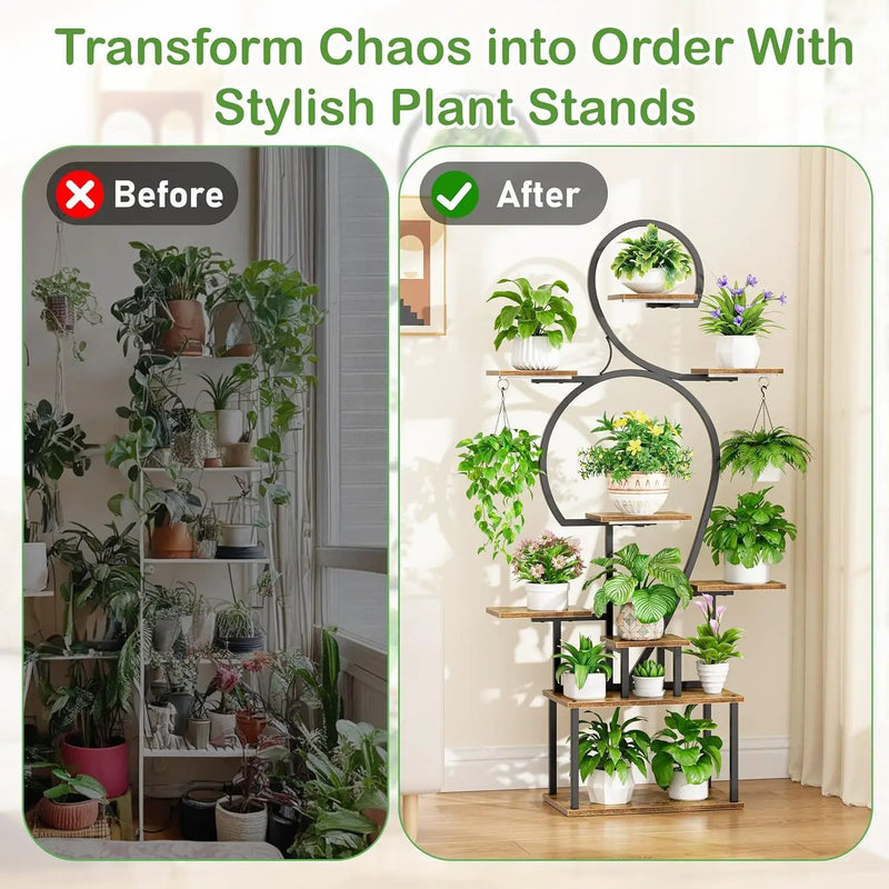 Plant Stand Indoor With Grow Light, 9 Tiered 63" Tall Indoor Plant Shelves For Multiple Plants - Walnut / Black by Unique Piece Furniture