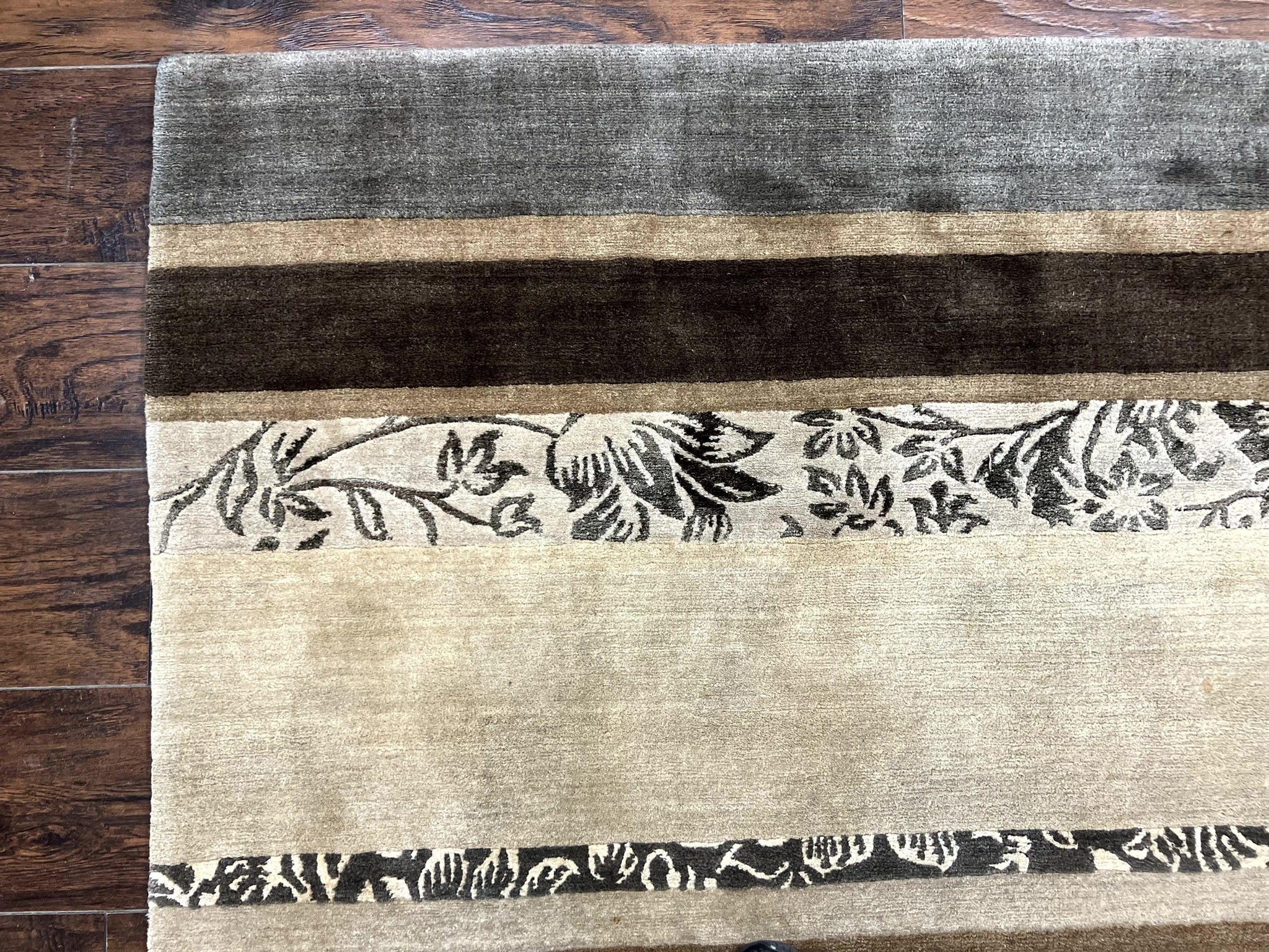 Modern Tibetan Nepali Rug 8x12, Stripe Pattern, Wool with Silk Highlights, Handmade, Beige Tan Brown by Jewel Rugs