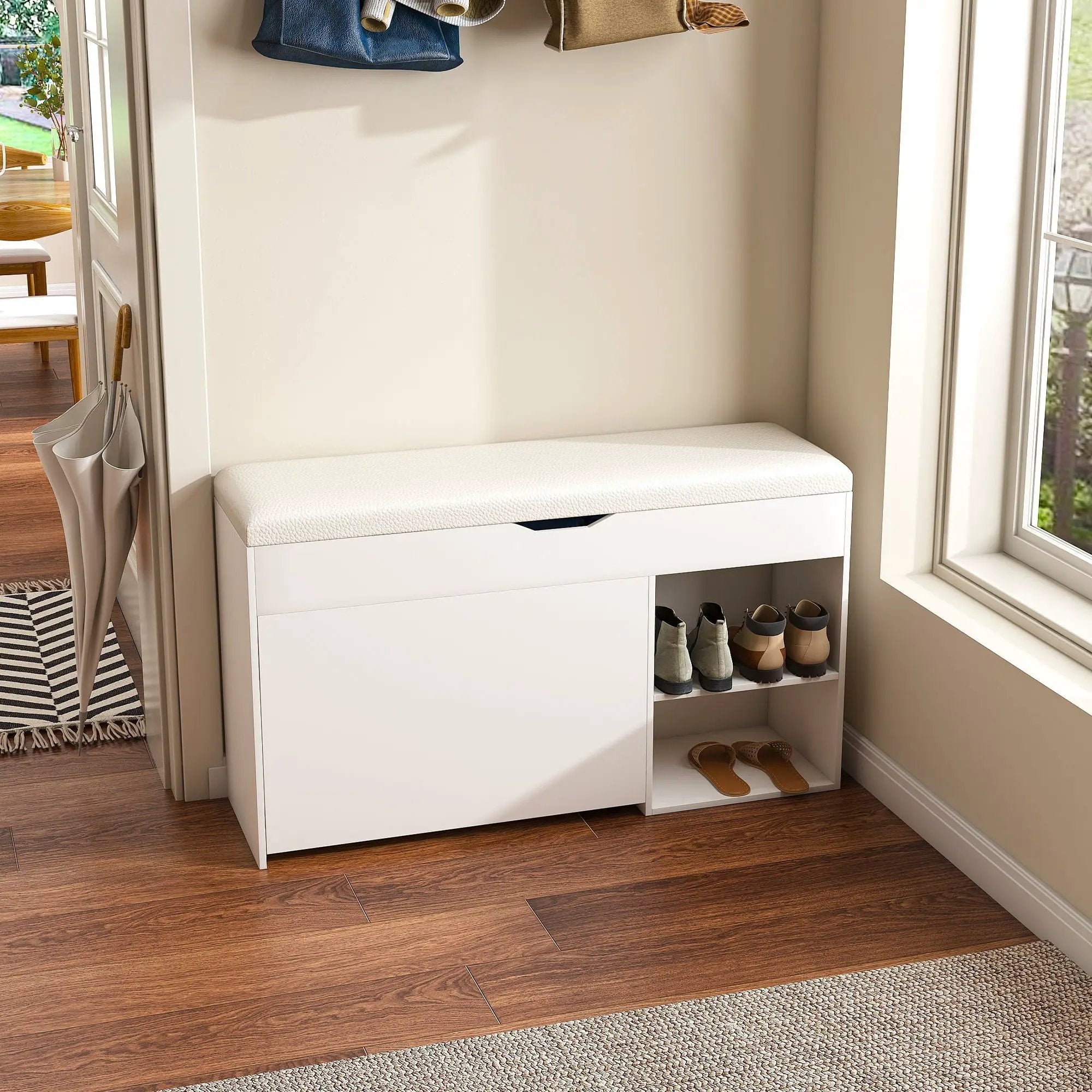 Modern Design Entryway Bench With Adjustable 3 Tier Flip-Up Drawers And Hidden Cabinet - White by HouseOfZazla