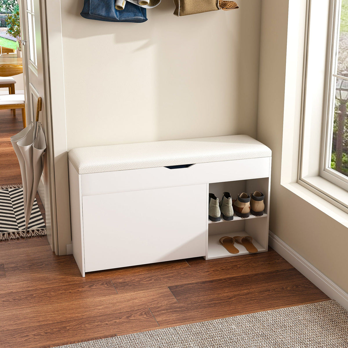 Modern White Entryway Bench with Adjustable 3-Tier Flip-Up Drawers and Hidden Cabinet, photo 9 of 10