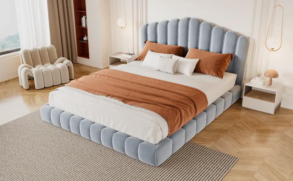 Velvet Upholstered Queen Bed with Shell-Shaped Headboard by HouseOfZazla