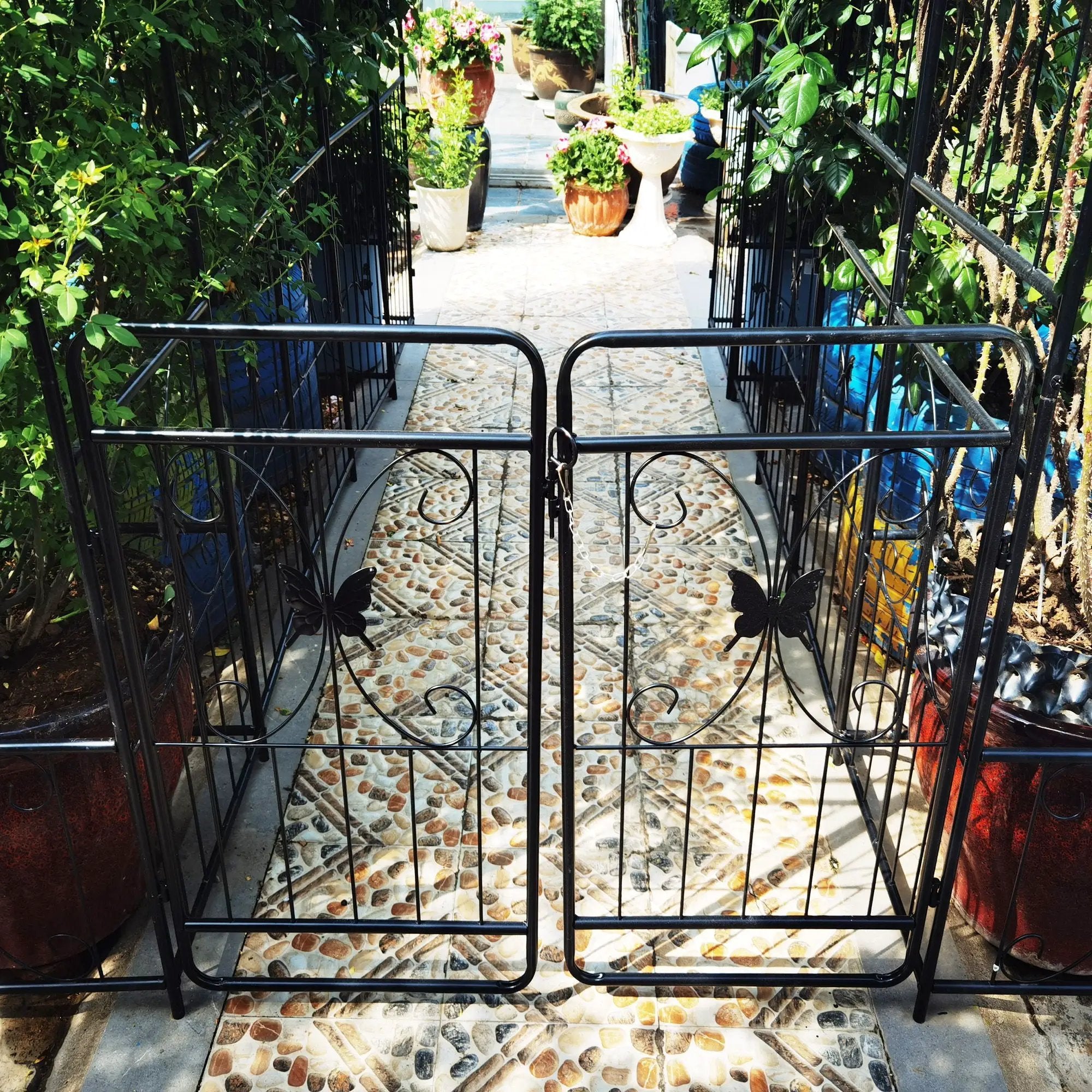 Metal Garden Arch With Gate High Climbing Plants Support Rose Arch Outdoor - Black by Unique Piece Furniture