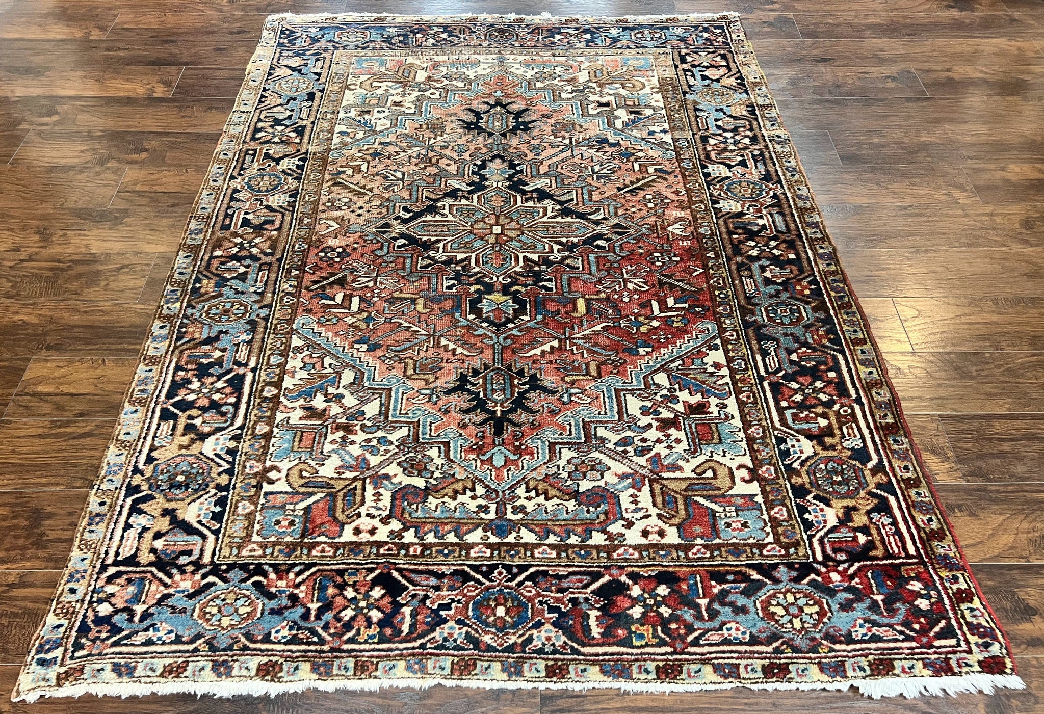 Antique Persian Heriz Rug 6x8, Geometric Medallion, 1920s Oriental Carpet, Handmade Wool Rug by Jewel Rugs