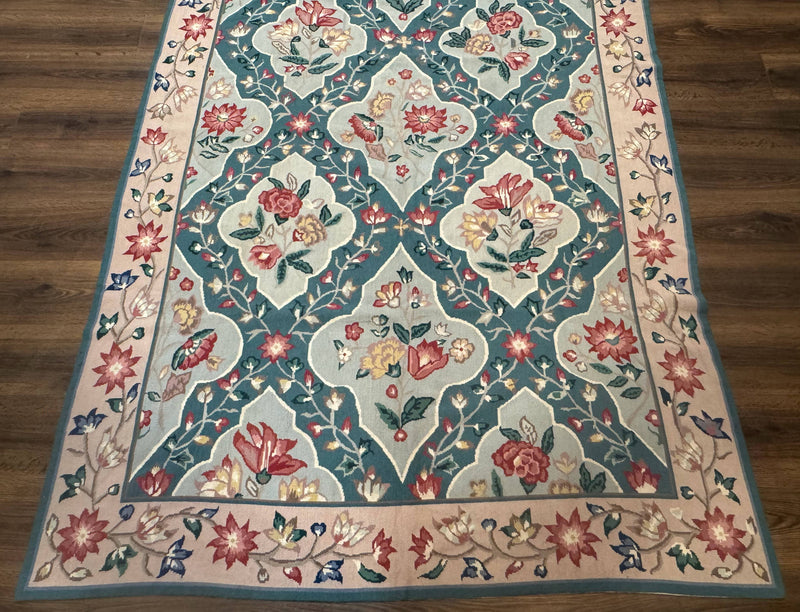 Teal Needlepoint Rug 6x9, Panel Design, Floral Bouquets, Handmade by Jewel Rugs