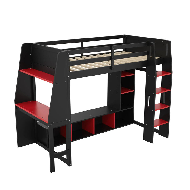 Gaming Loft Bed With Desk, Multi Storage Shelves, LED Lighting, And Hanging Clothes Rack by HouseOfZazla