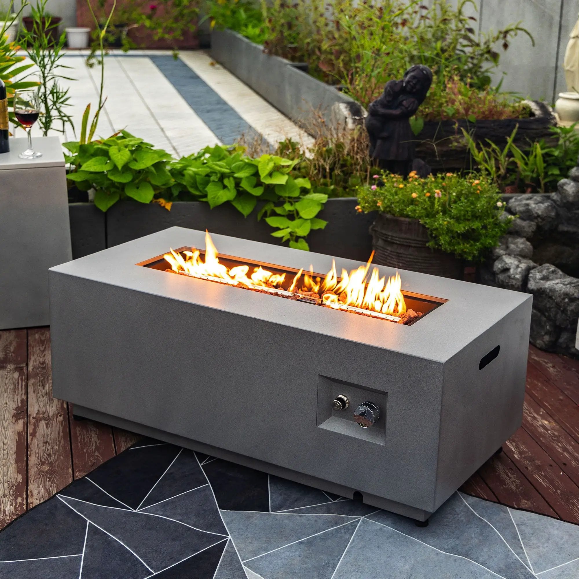 Propane Gas Fire Pit Table, 50000 Btu Rectangular With Glass Wind Guard For Outside - Gray by HouseOfZazla