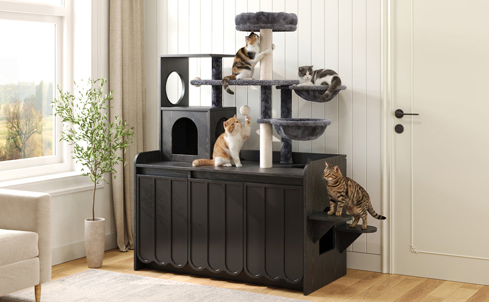 50.6" Cat Tree with Litter Box Enclosure and Sisal Scratching Post by HouseOfZazla