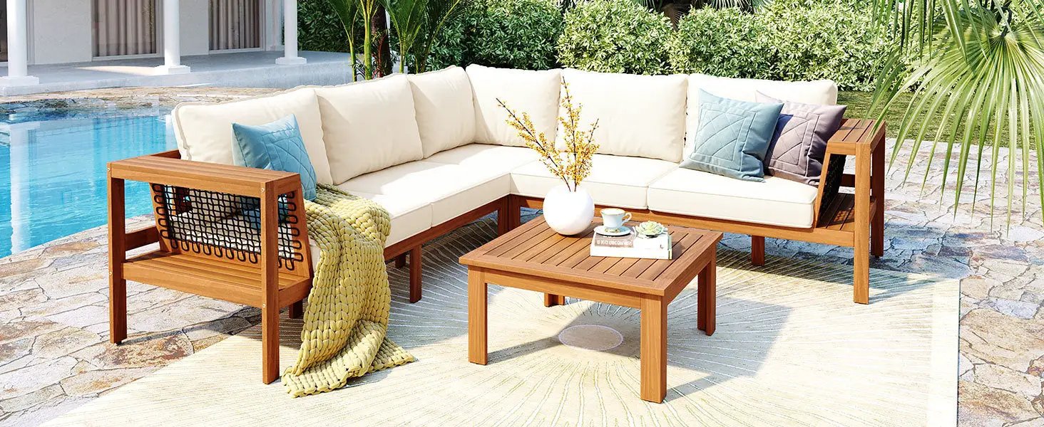 GO 4 Pieces Outdoor Acacia Wood Sofa Set with Coffee Table by HouseOfZazla