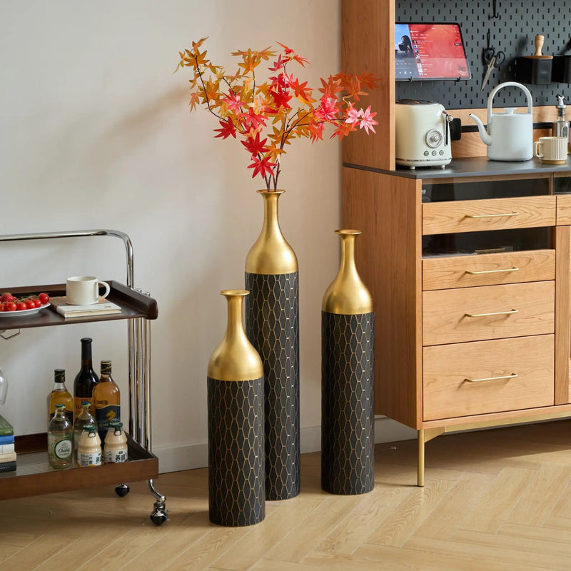 Elegant Floor Vase Set Metal Decorative Vases 3 Piece Set For Floral Display, Wedding & Gift Decor - Gold / Black by Unique Piece Furniture
