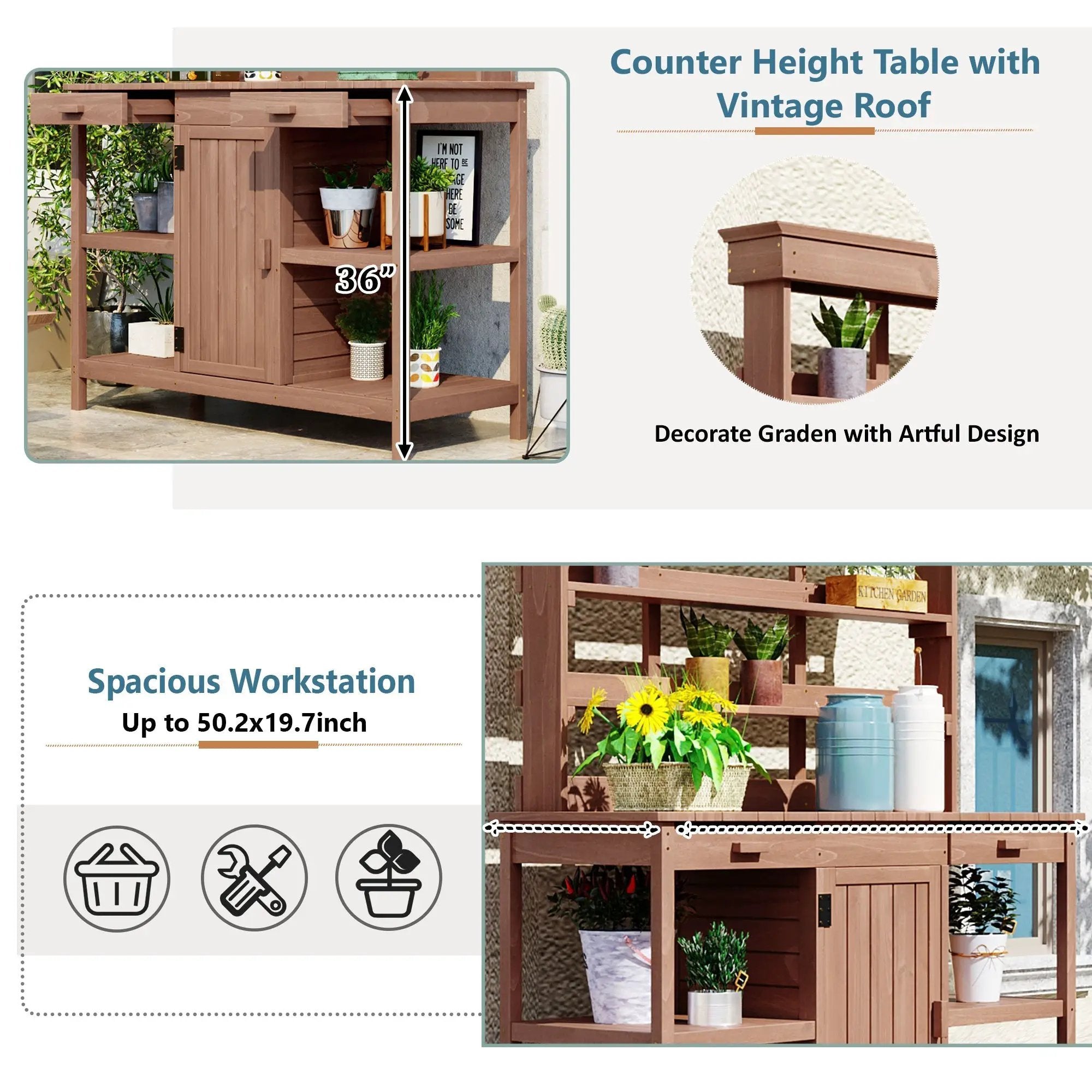 TOPMAX 66" Large Outdoor Farmhouse Wooden Potting Bench Table by HouseOfZazla