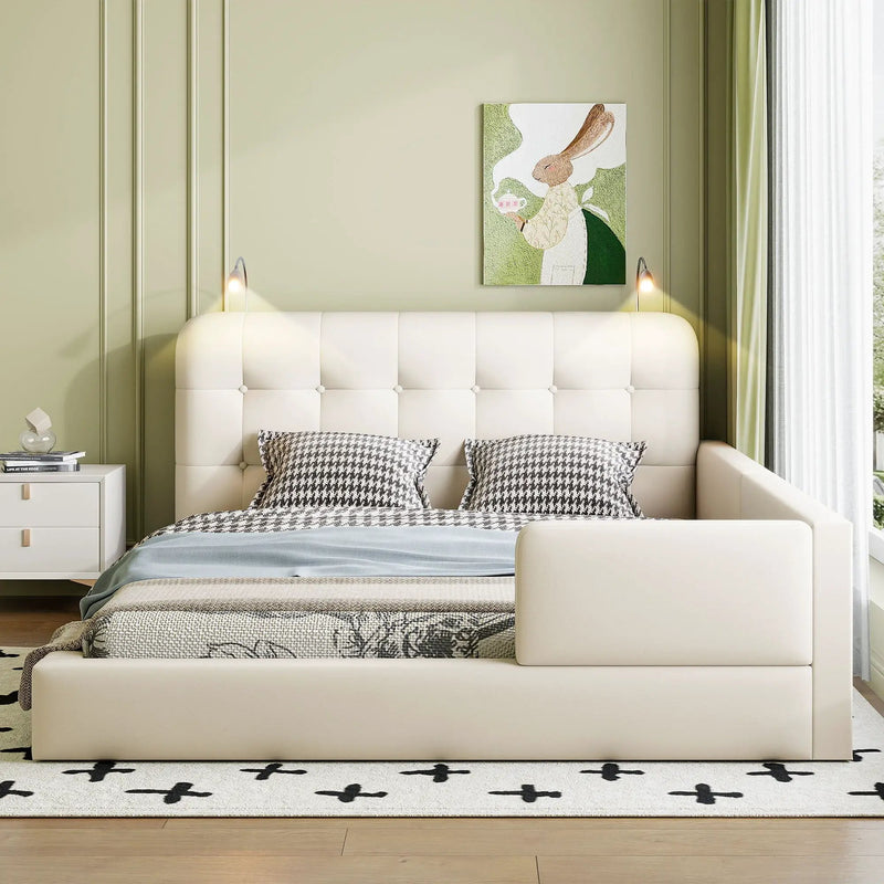 Queen Size Upholstered Platform Bed With 2 Reading Lights - White by HouseOfZazla
