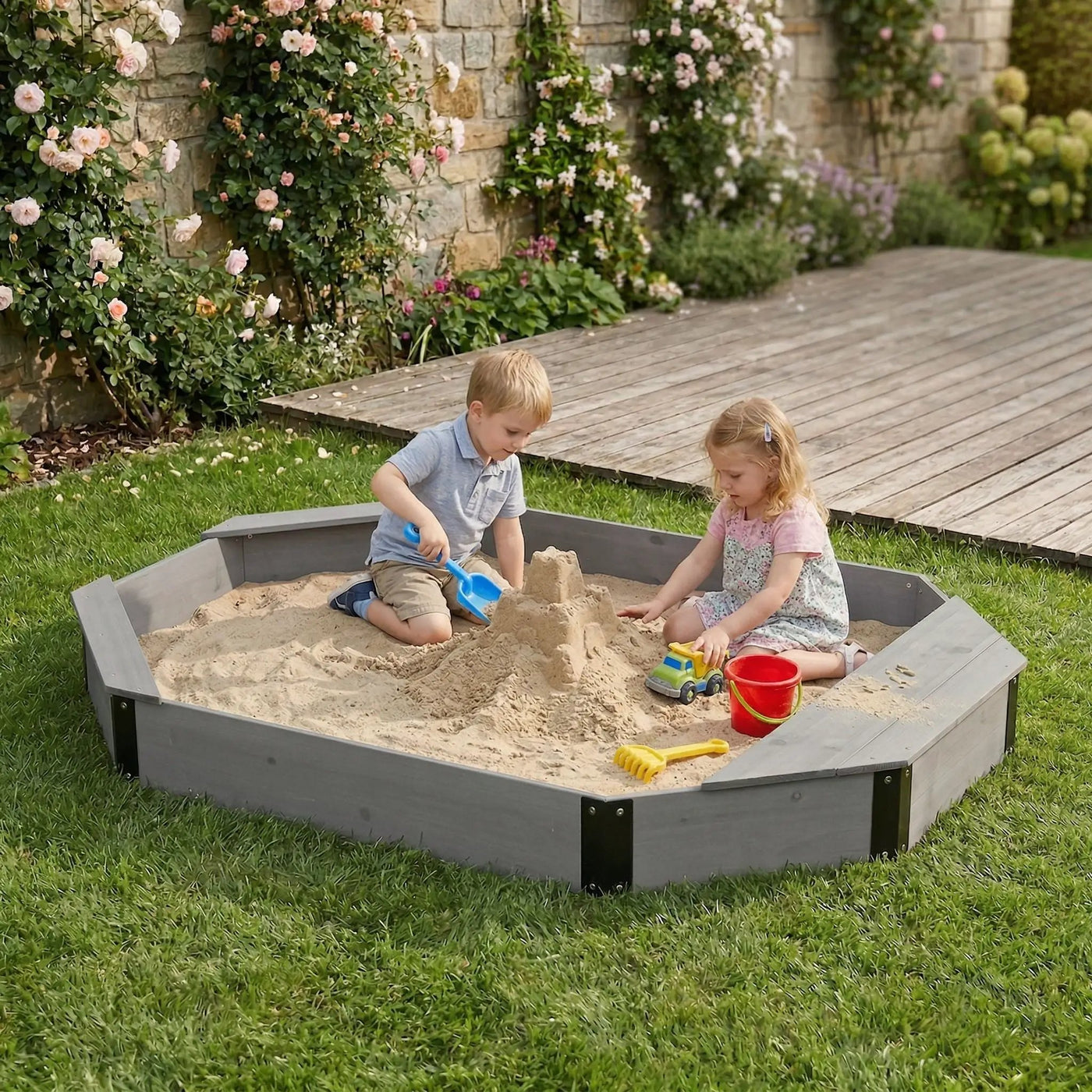 Octagon Sandbox With Storage, Sandpit With Cover And Liner For Backyard by HouseOfZazla