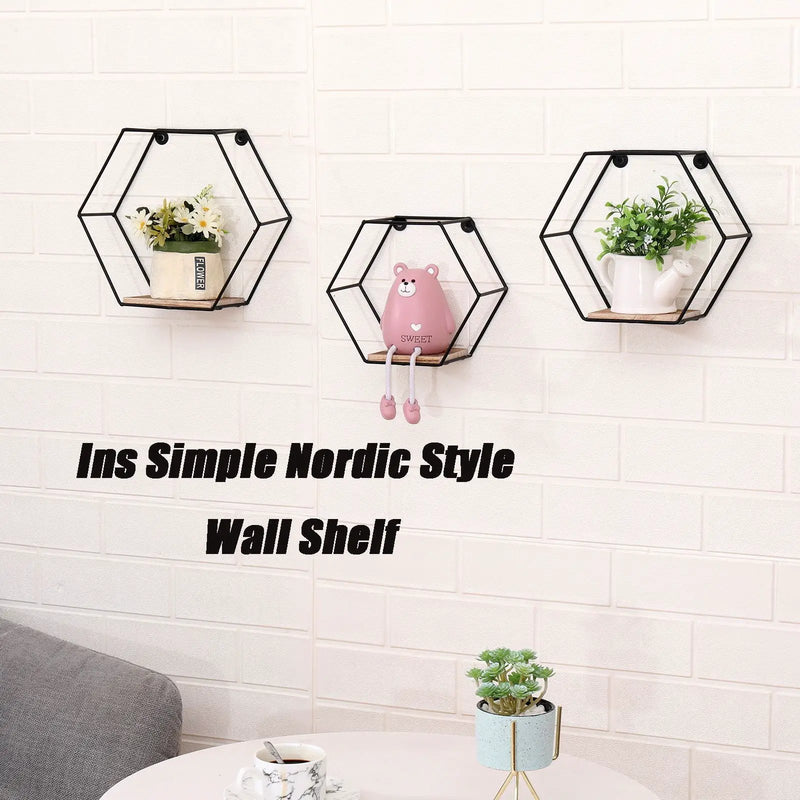 Wall Mounted Hexagonal Floating Shelves - Black (Set of 3) In Different Sizes, Modern Metal Wall Shelf, Simple Wood Partition Storage Shelves, Wall Decor Rack - Natural Wood by HouseOfZazla
