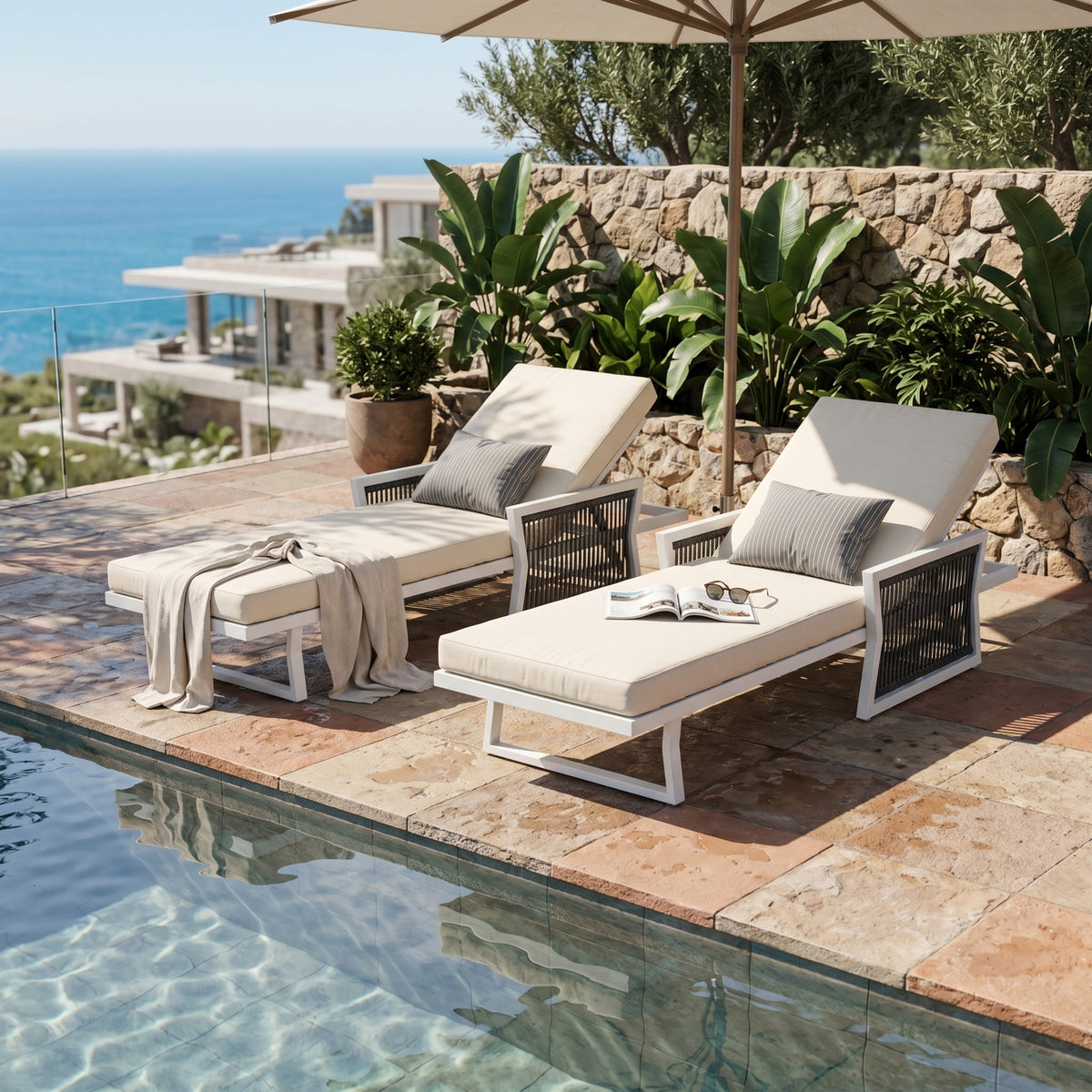 Modern White Iron Outdoor Chaise Lounger Set with Adjustable Backrest - White, photo 5 of 10