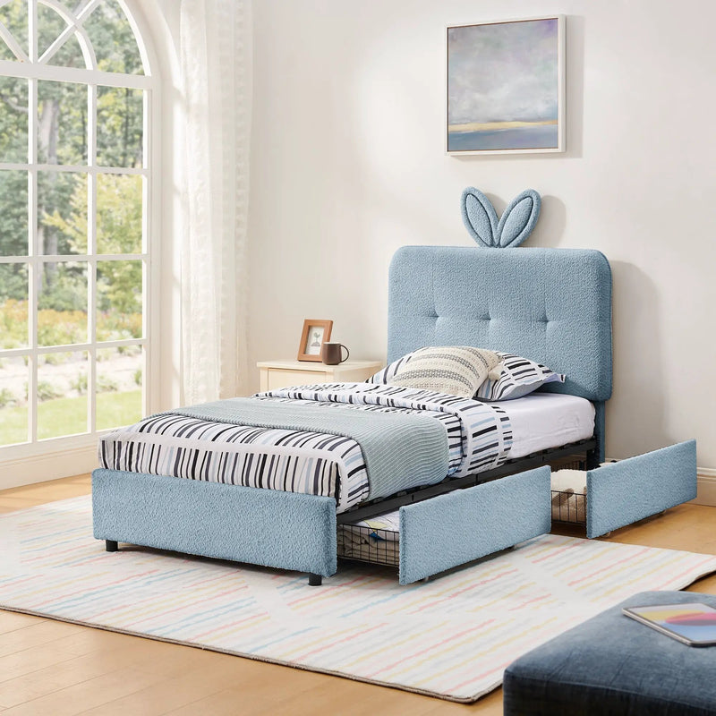 Twin Size Kids Upholstered Bed with Oversized Rabbit Ear Headboard by HouseOfZazla
