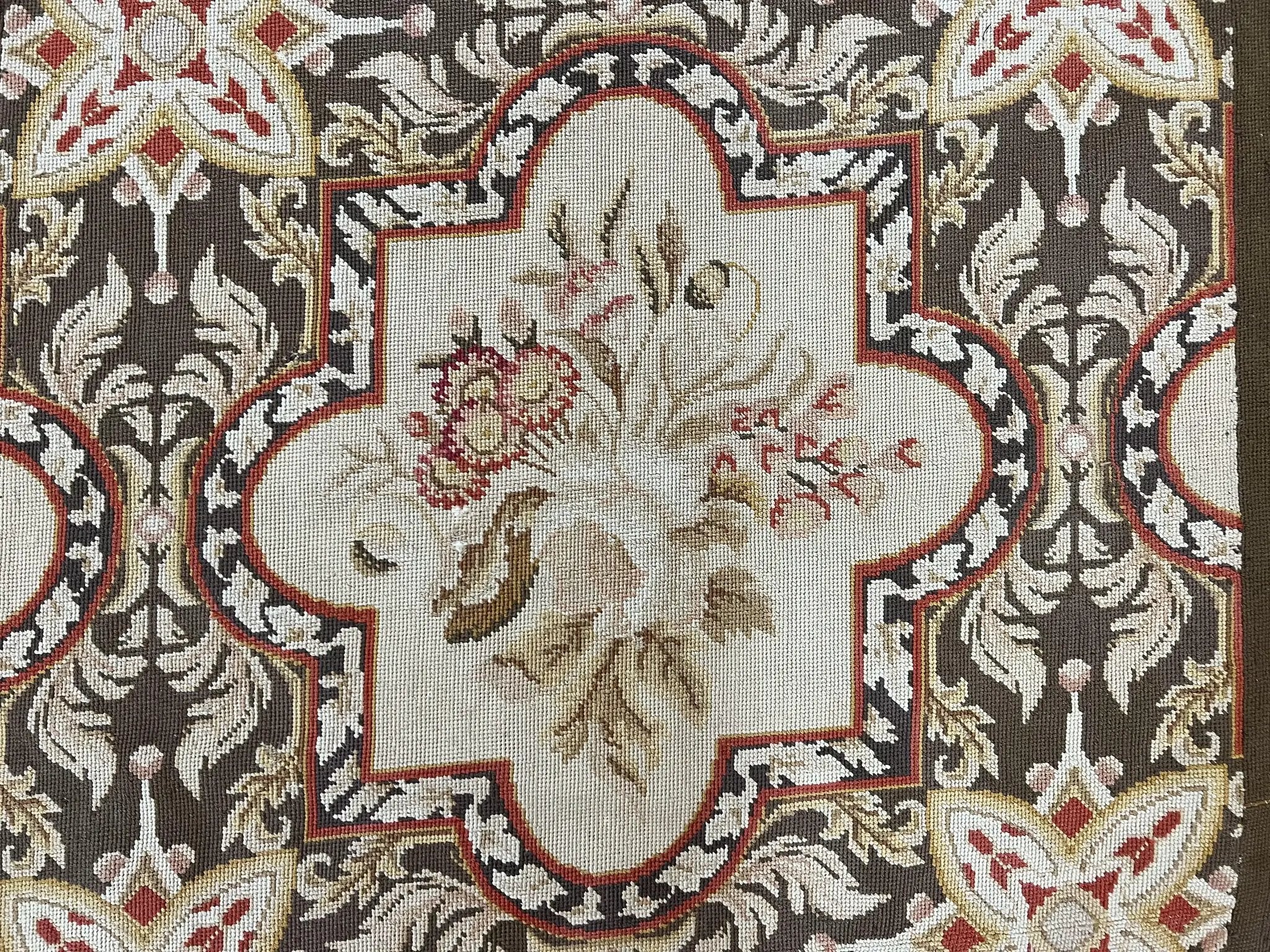 Needlepoint Runner Rug 2.8 x 9.8, Brown and Beige, Handwoven Handmade Floral French European Design, Vintage Flatweave 10ft Wool Runner Rug by Jewel Rugs