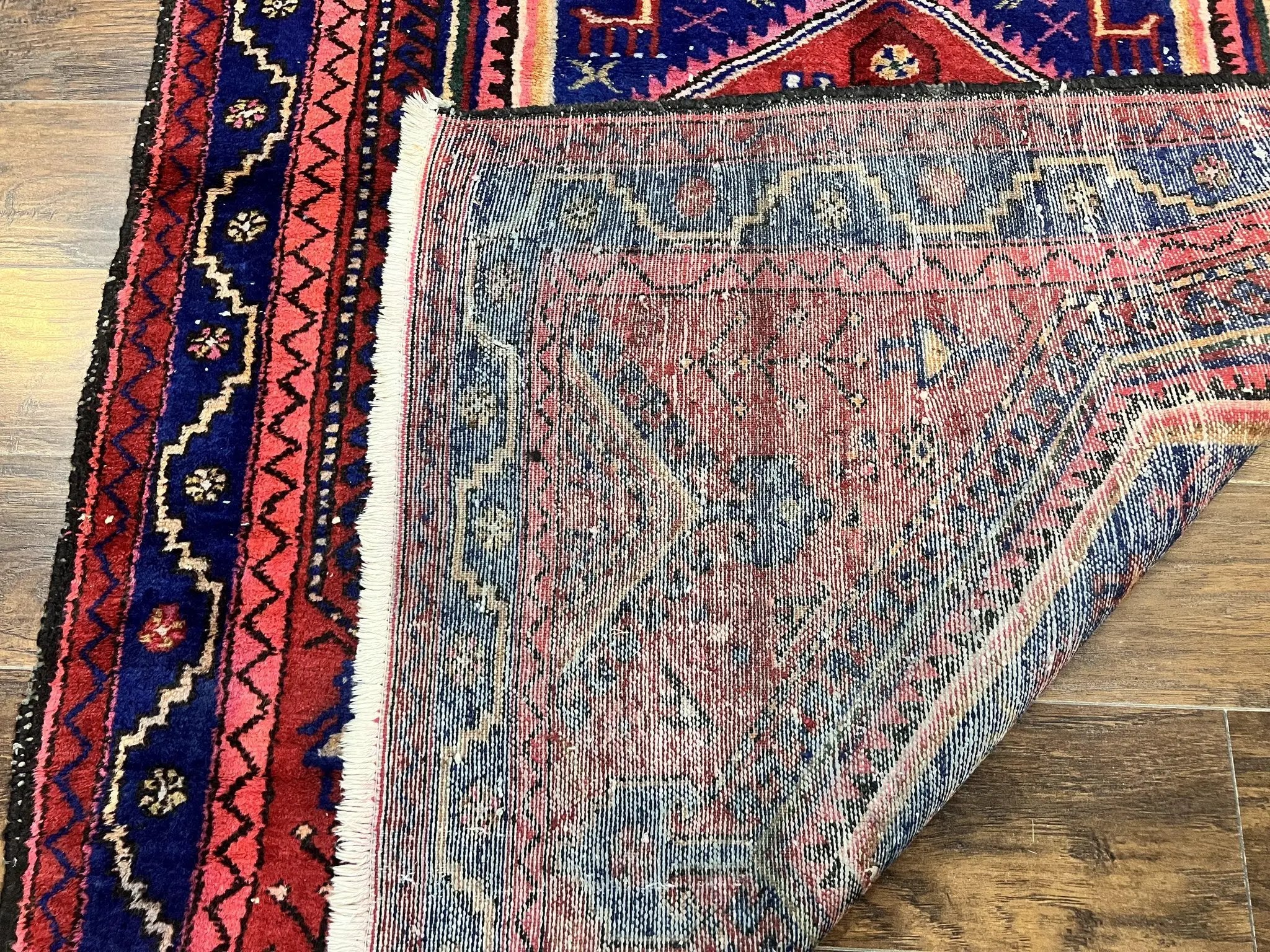 Persian Tribal Rug 5x7, Wool Handmade Vintage Hamadan Nahavand Carpet, Red & Navy Blue, Animal Motifs, Geometric Oriental Rug 5 x 7 by Jewel Rugs